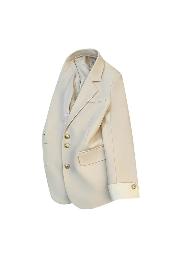 Women's Tailored Blazer Jacket Notch Lapel Slim Fit Formal Cardigan Style Long Sleeve Single Breasted Office Coat with Front Pockets ,Beige L