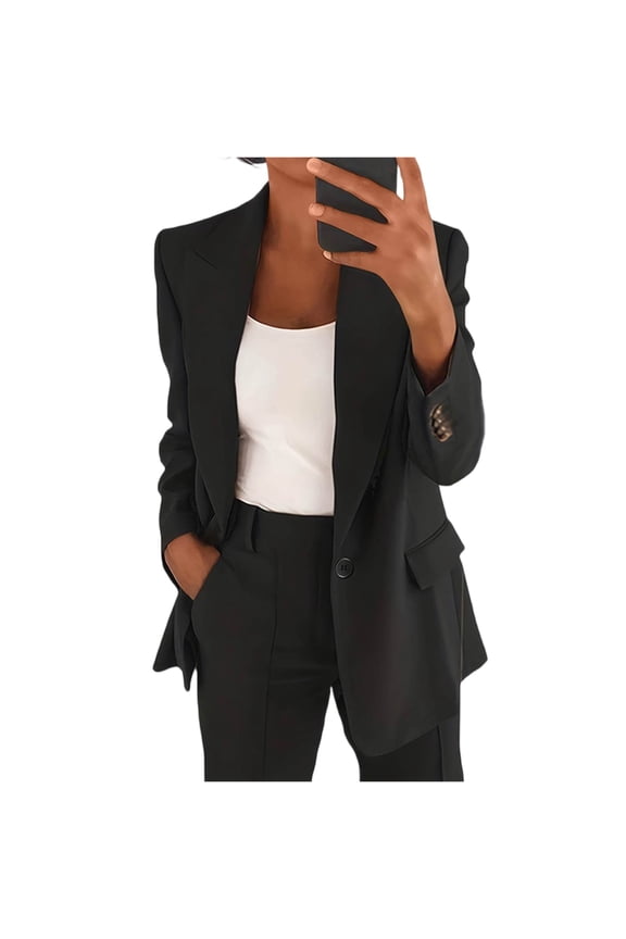 Women's Tailored Lapel Casual Jacket Blouse Top, Long Sleeve Slim Fit Cardigan Coat for Business Wear, Elegant and Professional Outerwear with Button Closure,Black S
