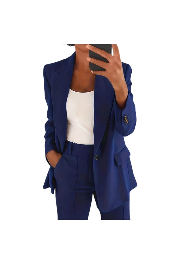 Women's Tailored Lapel Casual Jacket Blouse Top, Long Sleeve Slim Fit Cardigan Coat for Business Wear, Elegant and Professional Outerwear with Button Closure,Navy S