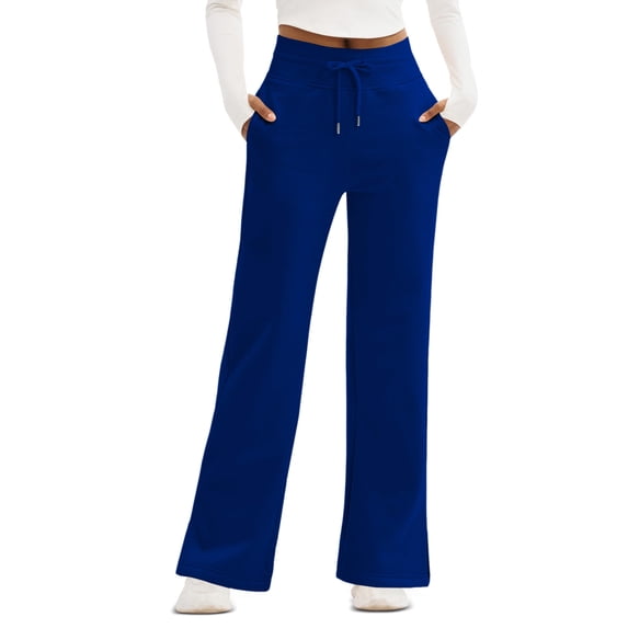 WTOBBY Women's Thin Wide Leg Pants with High Waist, Casual Work Pants with Flowy Design and Back Pockets, Comfortable Trousers for Women, Ideal for Office and Casual Wear,Blue L