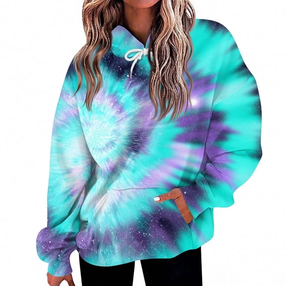 WTOBBY Women's Tie Dye Print Hooded Sweatshirt, Fashion Daily Casual Long Sleeve Pullover Top, Loose Fit Comfortable Fall Streetwear,Cyan L