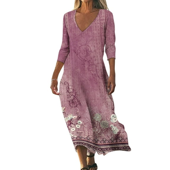 WTOBBY Women's Timeless Floral Print V-Neck 3/4 Sleeve Beach Dress, Relaxed Fit Midi Sundress with Casual Style for Seaside Activities,Hot Pink S