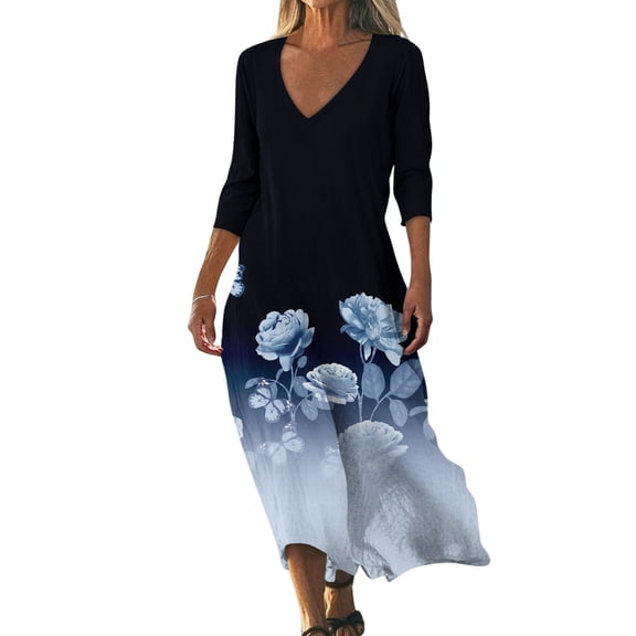 WTOBBY Women's Timeless Floral Print V-Neck 3/4 Sleeve Beach Dress, Relaxed Fit Midi Sundress with Casual Style for Seaside Activities,Navy S
