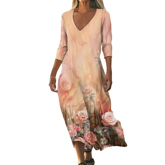 WTOBBY Women's Timeless Floral Print V-Neck 3/4 Sleeve Beach Dress, Relaxed Fit Midi Sundress with Casual Style for Seaside Activities,Orange S