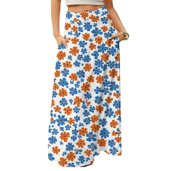 WTOBBY Women's Travel-Friendly Foldable Floral Print High Waist Casual Skirt with Pocket, Draped Relaxed Long Maxi Leisure Skirt for Cruise Trips and Explorations,Saffron S