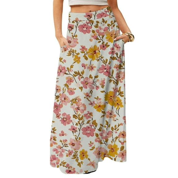 WTOBBY Women's Travel-Friendly Foldable Floral Print High Waist Casual Skirt with Pocket, Draped Relaxed Long Maxi Leisure Skirt for Cruise Trips and Explorations,Light pink M