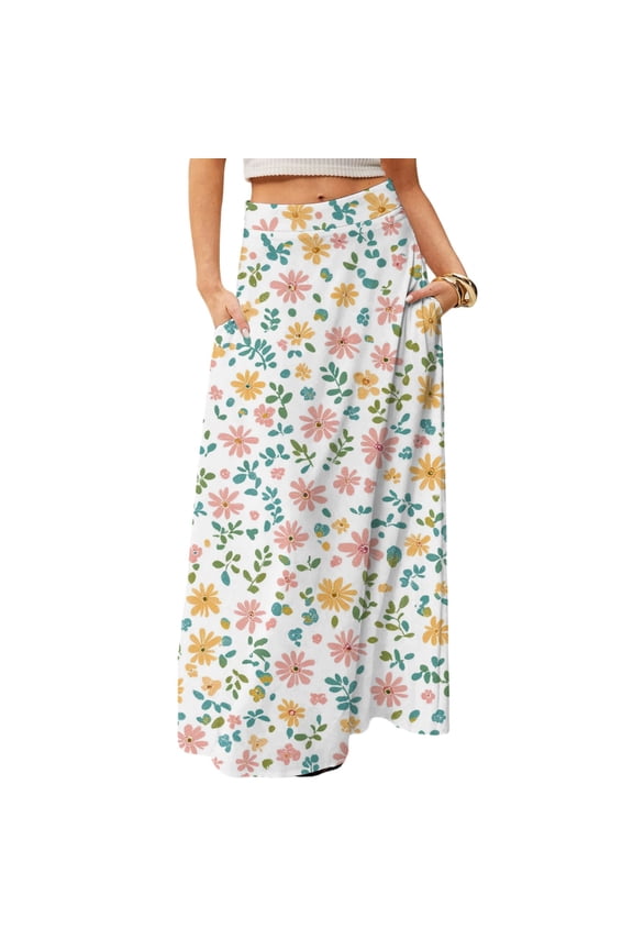 Women's Travel-Friendly Foldable Floral Print High Waist Casual Skirt with Pocket, Draped Relaxed Long Maxi Leisure Skirt for Cruise Trips and Explorations,Pink M