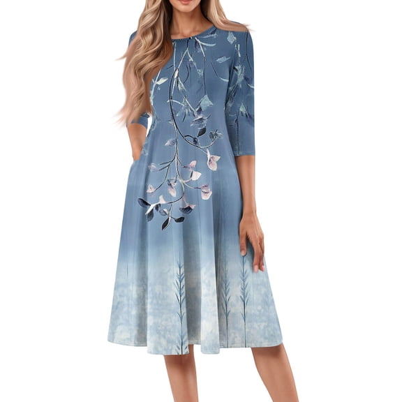 WTOBBY Women's Trendy Round Neck Floral Print 3/4 Sleeve Midi Dress, Digital Pattern Casual Dress with Comfortable Everyday Wear,Blue S