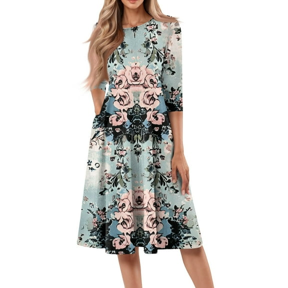 WTOBBY Women's Trendy Round Neck Floral Print 3/4 Sleeve Midi Dress, Digital Pattern Casual Dress with Comfortable Everyday Wear,Cyan S