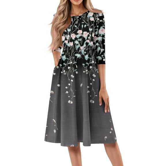WTOBBY Women's Trendy Round Neck Floral Print 3/4 Sleeve Midi Dress, Digital Pattern Casual Dress with Comfortable Everyday Wear,Dark Gray S