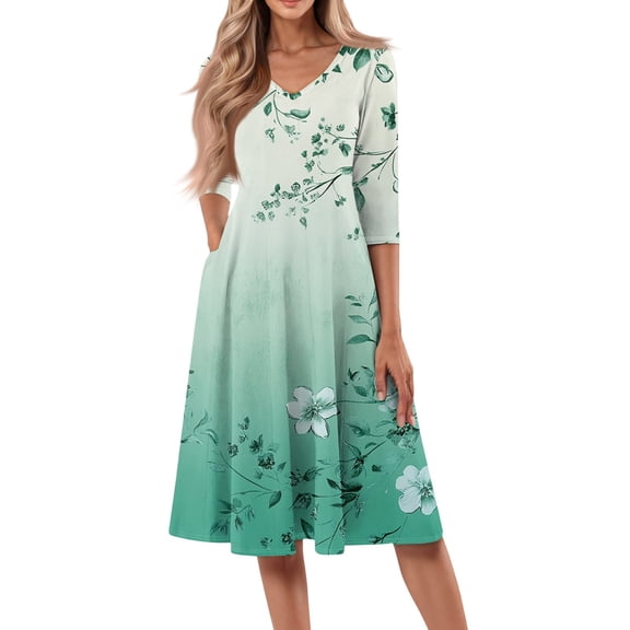 WTOBBY Women's Trendy V-Neck Floral Print 3/4 Sleeve Midi Dress, Contemporary Digital Design Dress with Flowy Silhouette for Fashionistas,Turquoise S