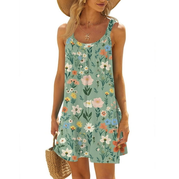 WTOBBY Women's Tropical Leaf Print Sleeveless Scoop Neck Beach Dress with Breathable Fabric,Army Green S