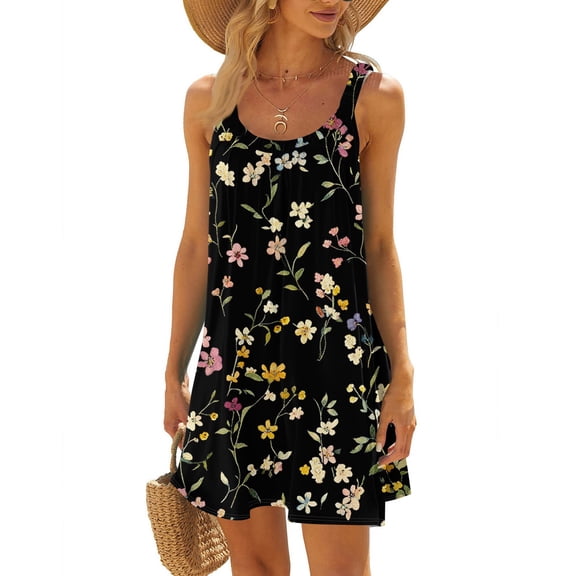 WTOBBY Women's Tropical Leaf Print Sleeveless Scoop Neck Beach Dress with Breathable Fabric,Black S