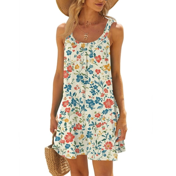 WTOBBY Women's Tropical Leaf Print Sleeveless Scoop Neck Beach Dress with Breathable Fabric,Blue S