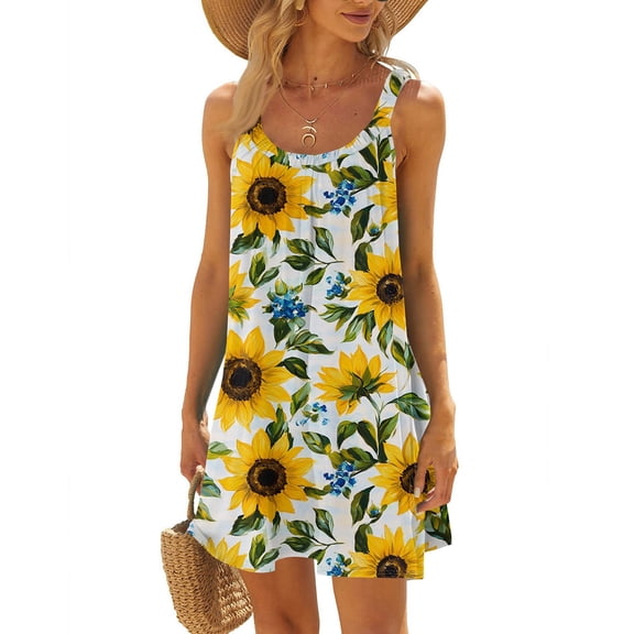 WTOBBY Women's Tropical Leaf Print Sleeveless Scoop Neck Beach Dress with Breathable Fabric,Yellow XL