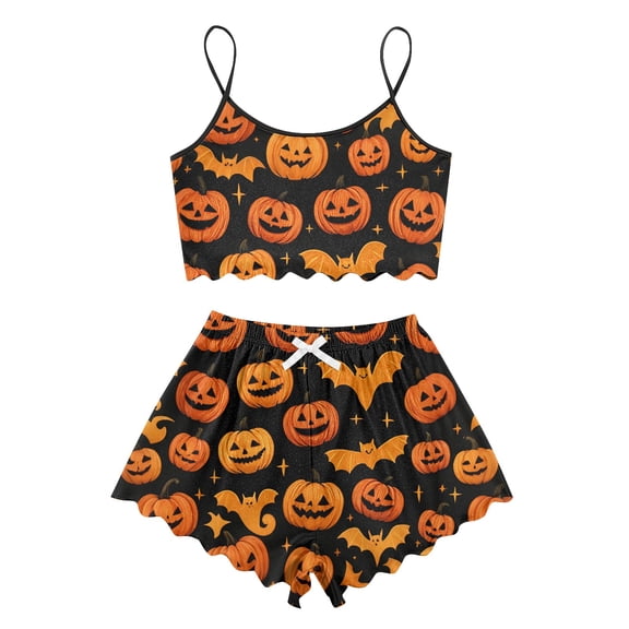 WTOBBY Women's Two-Piece Halloween Pajama Set Retro Floral Sleeveless Vest Adjustable Straps with Matching Shorts Soft Sleepwear Cozy Home Lounge Outfit,Earthy Yellow S