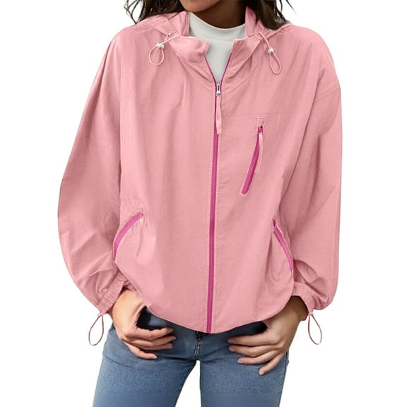 WTOBBY Women's UPF 50 Sun Protection Jacket Lightweight Windproof Rain Coat Long Sleeve Hooded Water Resistant Outerwear for Hiking Travel Outdoor Activities,Pink 2XL