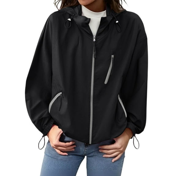 WTOBBY Women's UPF 50  Sun Protection Jacket Lightweight Windproof Rain Coat Long Sleeve Hooded Water Resistant Outerwear for Hiking Travel Outdoor Activities,Black XL