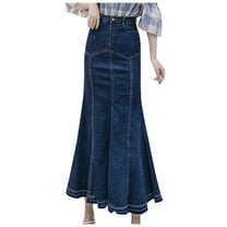 WTOBBY Women's Umbrella Denim Skirt Flared Swing Hem Midi Length Slim Waist Stretch Comfortable Light Wash High Waist A-Line Design,Dark Blue L