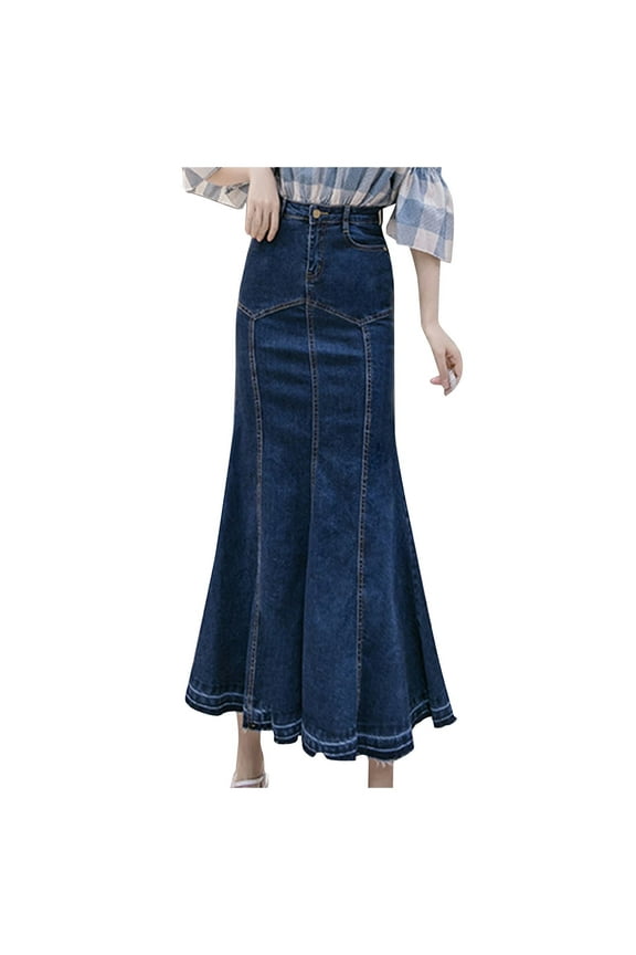 Women's Umbrella Denim Skirt Flared Swing Hem Midi Length Slim Waist Stretch Comfortable Light Wash High Waist A-Line Design,Dark Blue L