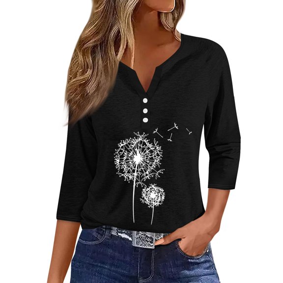 WTOBBY Women's V-Neck 3/4 Sleeve T-Shirt with All-Over Print and Decorative Button Detail, Fashion Basic Top for Weekend Wear, Spring Fall Season, Casual Outings, and Everyday Comfort,Black XL