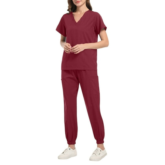 WTOBBY Women's V-Neck Ankle Cuff Short Sleeve Scrubs Set, Solid Color with Pockets, 2-Piece Nursing Uniform, Medical Workwear for Caregivers, Modern Design,Wine 2XL