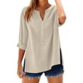 thumbnail image 1 of WTOBBY Women's V-Neck Button Down Casual Shirt, Solid Color Long Sleeve Split Hem Blouse Top, Cotton Linen Blend Lightweight Fabric for Daily Wear,Beige L, 1 of 6