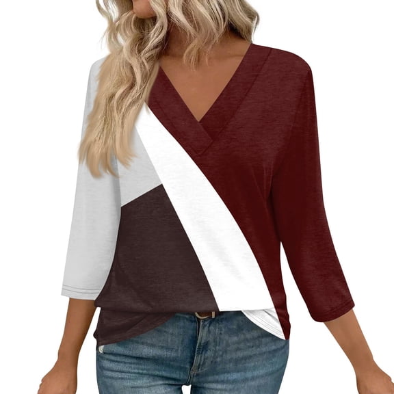 WTOBBY Women's V-Neck Casual Tunic Tops with 3/4 Sleeve, Loose Fit Basic Shirts, Geometric Color Block Print Blouse for Comfortable Fashion Wear,Wine 3XL