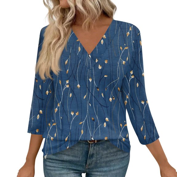 WTOBBY Women's V-Neck Casual Tunic Tops with 3/4 Sleeve, Loose Fit Basic Shirts, Floral Print Blouse for Everyday Comfortable Fashion,Dark Blue S