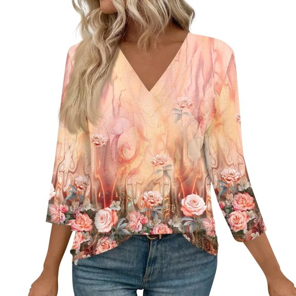 WTOBBY Women's V-Neck Casual Tunic Tops with 3/4 Sleeve, Loose Fit Basic Shirts, Floral Print Blouse for Everyday Comfortable Fashion,Rose Gold 3XL