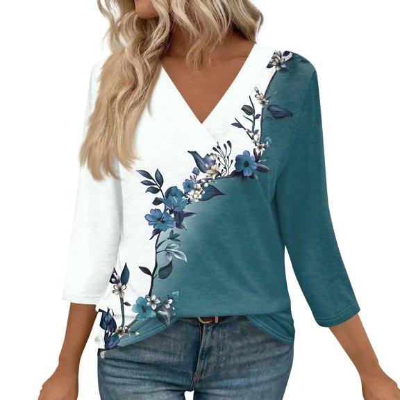 WTOBBY Women's V-Neck Casual Tunic Tops with 3/4 Sleeve, Loose Fit Basic Shirts, Floral Print Blouse for Stylish and Comfortable Wear,Blue XL