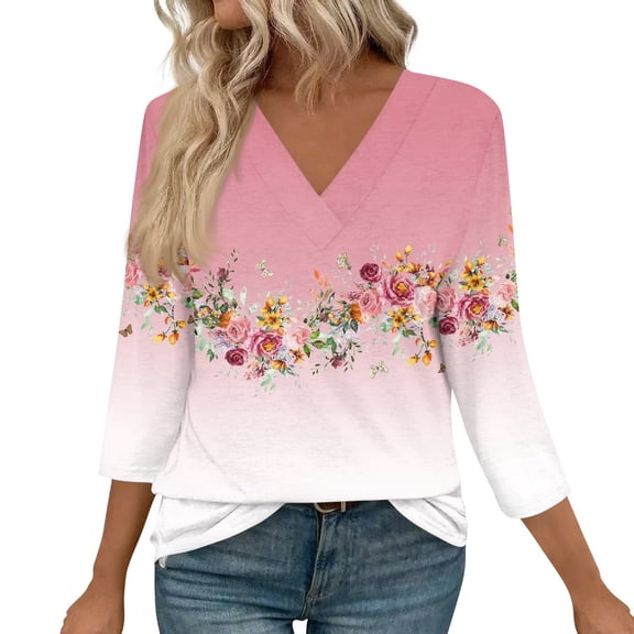 WTOBBY Women's V-Neck Casual Tunic Tops with 3/4 Sleeve, Loose Fit Basic Shirts, Floral Print Blouse for Stylish and Comfortable Wear,Light pink 3XL