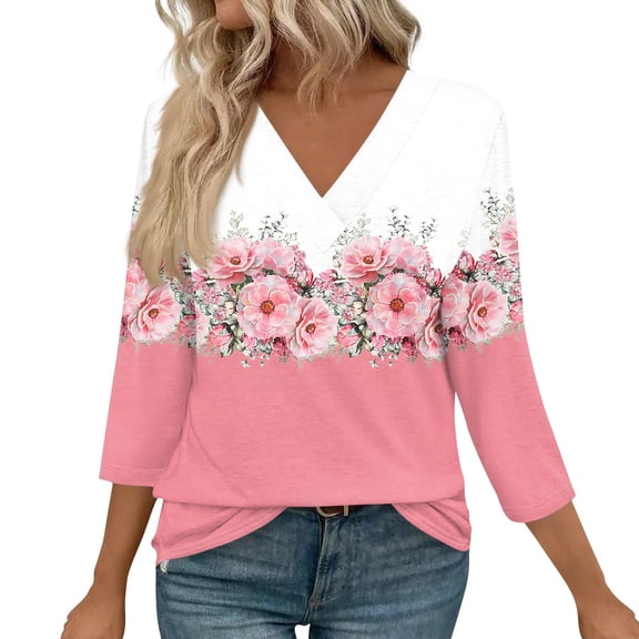 WTOBBY Women's V-Neck Casual Tunic Tops with 3/4 Sleeve, Loose Fit Basic Shirts, Floral Print Blouse for Stylish and Comfortable Wear,Pink 2XL