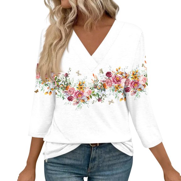 WTOBBY Women's V-Neck Casual Tunic Tops with 3/4 Sleeve, Loose Fit Basic Shirts, Floral Print Blouse for Stylish and Comfortable Wear,White L