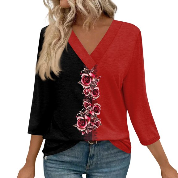 WTOBBY Women's V-Neck Casual Tunic Tops with 3/4 Sleeve, Loose Fit Basic Shirts, Floral Print Blouse for Stylish and Comfortable Wear,Wine L