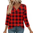 thumbnail image 1 of WTOBBY Women's V-Neck Casual Tunic Tops with 3/4 Sleeve, Loose Fit Basic Shirts, Striped Plaid Print Blouse for Fashion Comfort Everyday,Red L, 1 of 4