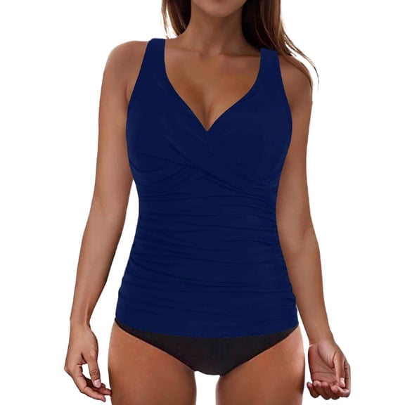 WTOBBY Women's V-Neck Cross Strap Bikini Set Adjustable Two-Piece Swimsuit with Bra Pads Non-Steel Support Sexy Summer Swimwear,Navy L