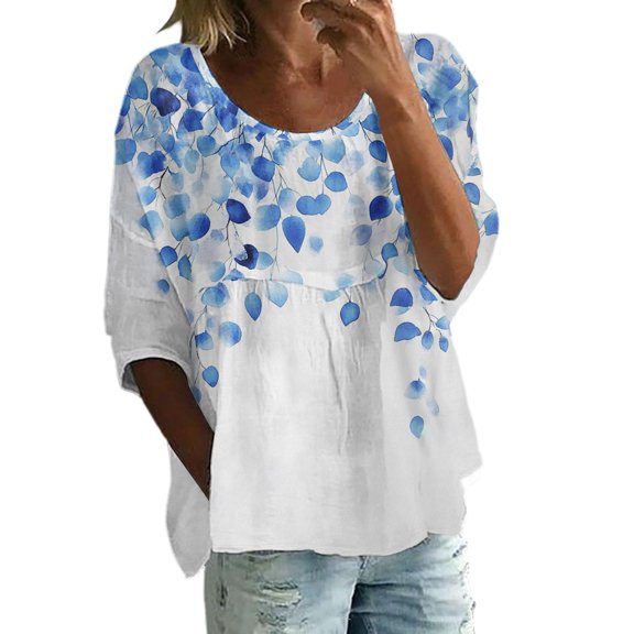 WTOBBY Women's V-Neck Floral Print Bohemian Blouse with 3/4 Sleeve, Casual Loose Fit Top for Fall Season, Comfortable Fashion Apparel and Daily Wear,Light Blue XL