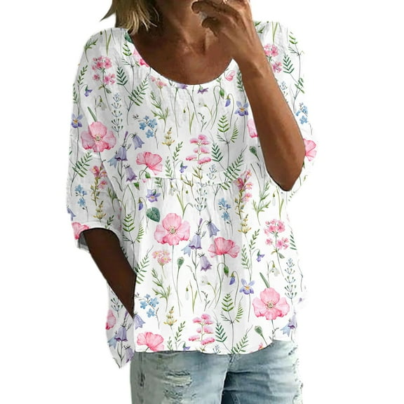 WTOBBY Women's V-Neck Floral Print Bohemian Blouse with 3/4 Sleeve, Casual Loose Fit Top for Fall Season, Comfortable Fashion Apparel and Daily Wear,Pink S