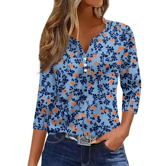 WTOBBY Women's V-Neck Floral Print Top with Loose Fit and 3/4 Sleeve, Ideal for Casual Fashion, Spring Fall Season, Weekend Activities, and Daily Wear,Royal Blue L