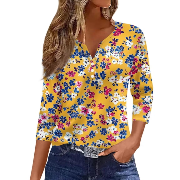 WTOBBY Women's V-Neck Floral Print Top with Loose Fit and 3/4 Sleeve, Ideal for Casual Fashion, Spring Fall Season, Weekend Activities, and Daily Wear,Yellow L