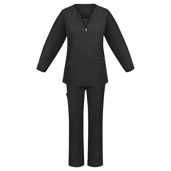 WTOBBY Women's V-Neck Long Sleeve Scrubs Set with Pockets, Elastic Waist Pants, 2-Piece Nursing Uniform, Medical Workwear for Healthcare Professionals,Black L