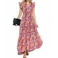 thumbnail image 1 of WTOBBY Women's V-Neck Pleated Flutter Sleeve Printed Mid-Length Dress, Feminine and Chic for Casual Outings and Spring Events,Hot Pink M, 1 of 3