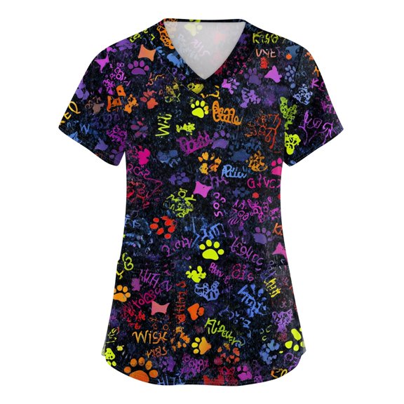 WTOBBY Women's V-Neck Printed Short Sleeve Medical Scrub Top with Side Slit Pockets, Functional Work Uniform for Nurses, Comfortable and Breathable for Healthcare Professionals ,Fluorescent Green M