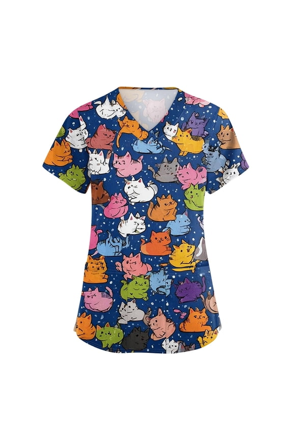 Women's V-Neck Printed Short Sleeve Medical Scrub Top with Side Slit Pockets, Functional Work Uniform for Nurses, Comfortable and Breathable for Healthcare Professionals ,Royal Blue S