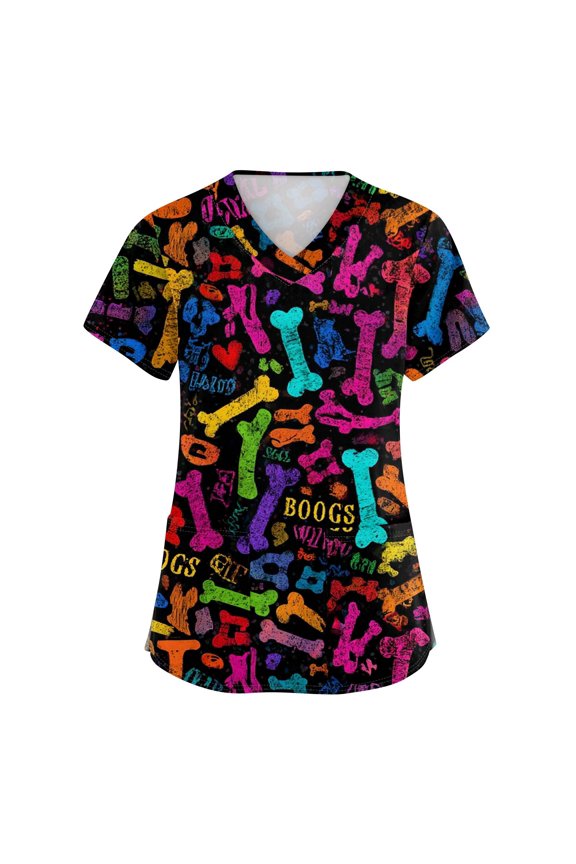 Women's V-Neck Printed Short Sleeve Medical Scrub Top with Side Slit Pockets, Functional Work Uniform for Nurses, Comfortable and Breathable for Healthcare Professionals ,Purple S