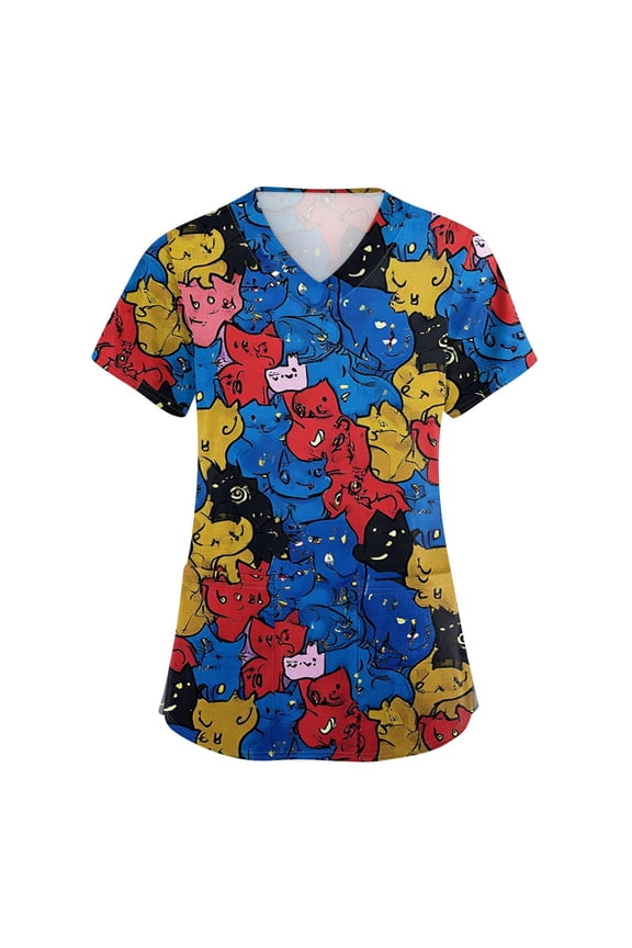 Women's V-Neck Printed Short Sleeve Medical Scrub Top with Side Slit Pockets, Functional Work Uniform for Nurses, Comfortable and Breathable for Healthcare Professionals ,Blue S