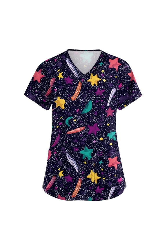 Women's V-Neck Printed Short Sleeve Medical Scrub Top with Side Slit Pockets, Functional Work Uniform for Nurses, Comfortable and Breathable for Healthcare Professionals ,Yellow L