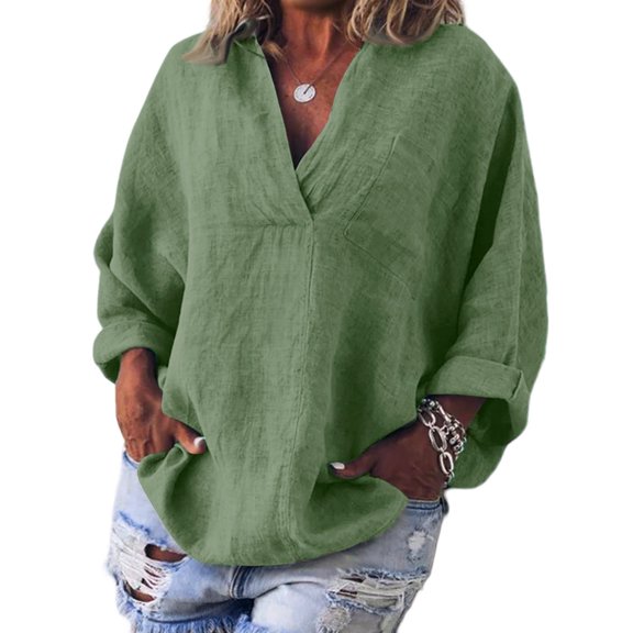 WTOBBY Women's V-Neck Pullover Long Sleeve Top, Cotton Linen Casual T-Shirt for Fashion Comfort, Relaxed Fit with Soft Stretch Fabric, Daily Wear Essential,Army Green 4XL