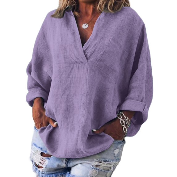 WTOBBY Women's V-Neck Pullover Long Sleeve Top, Cotton Linen Casual T-Shirt for Fashion Comfort, Relaxed Fit with Soft Stretch Fabric, Daily Wear Essential,Light Purple 5XL
